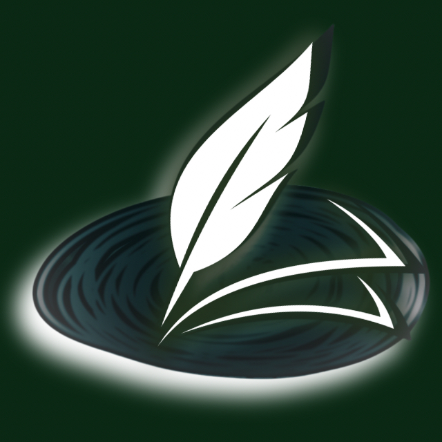 White feather logo with curved lines emerging from a dark spiral vortex with glowing green background - Written Identity