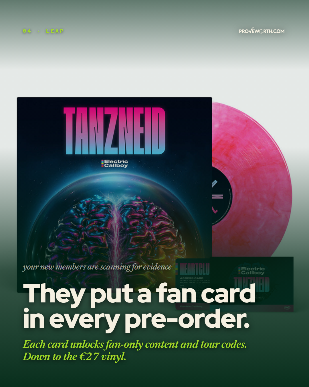 Stage 3: Leap slide. The TANZNEID vinyl LP with an embedded NFC fan card. Slide headline: 'They put a fan card in every pre-order.'