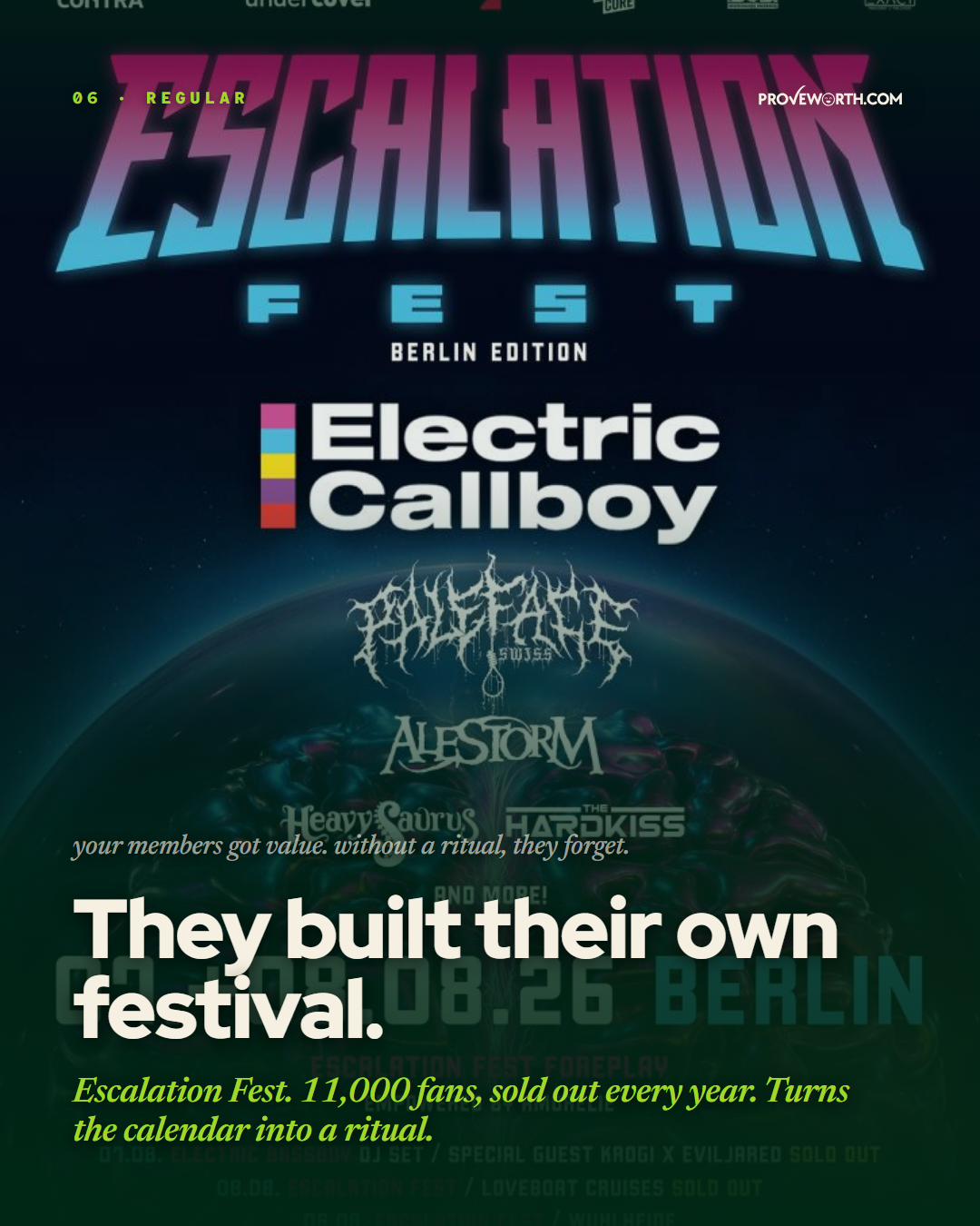 Stage 5: Regular. 'Your members got value. Without a ritual, they forget. They built their own festival. Escalation Fest. 11,000 fans, sold out every year.'