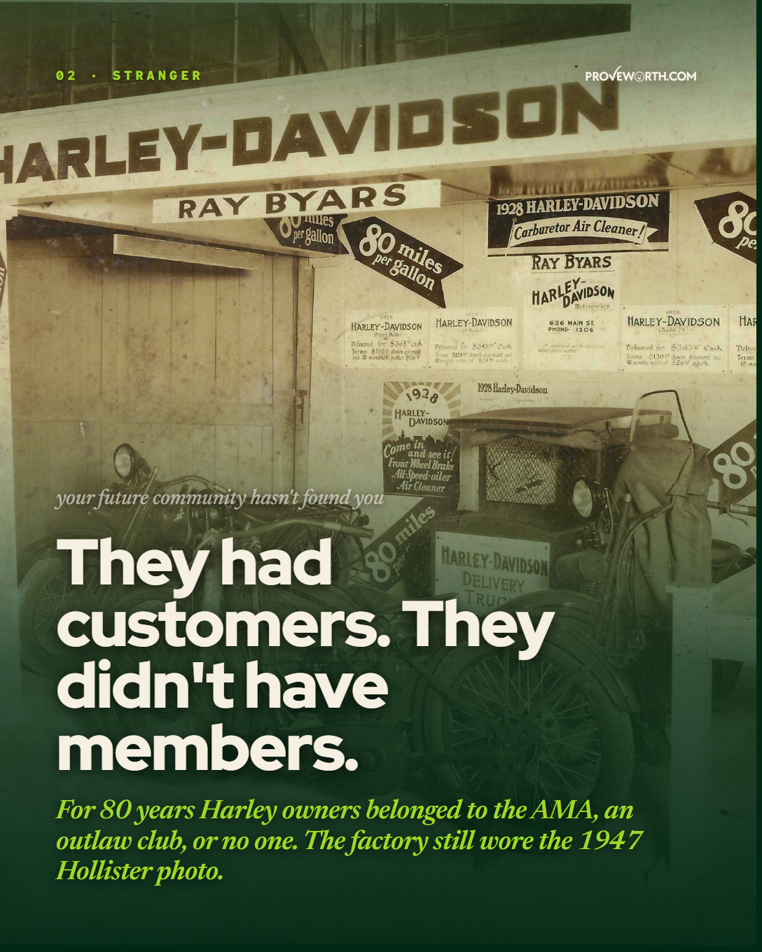 MAPPED Stage 1 slide. Byars Harley-Davidson dealership in Beaumont, Texas circa 1928. Headline: They had customers. They didn't have members.