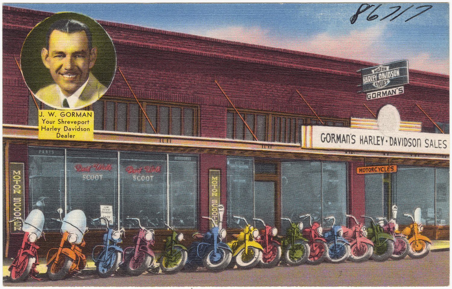 Vintage Tichnor Brothers postcard of Gorman's Harley-Davidson dealership from the 1940s with motorcycles arranged out front.