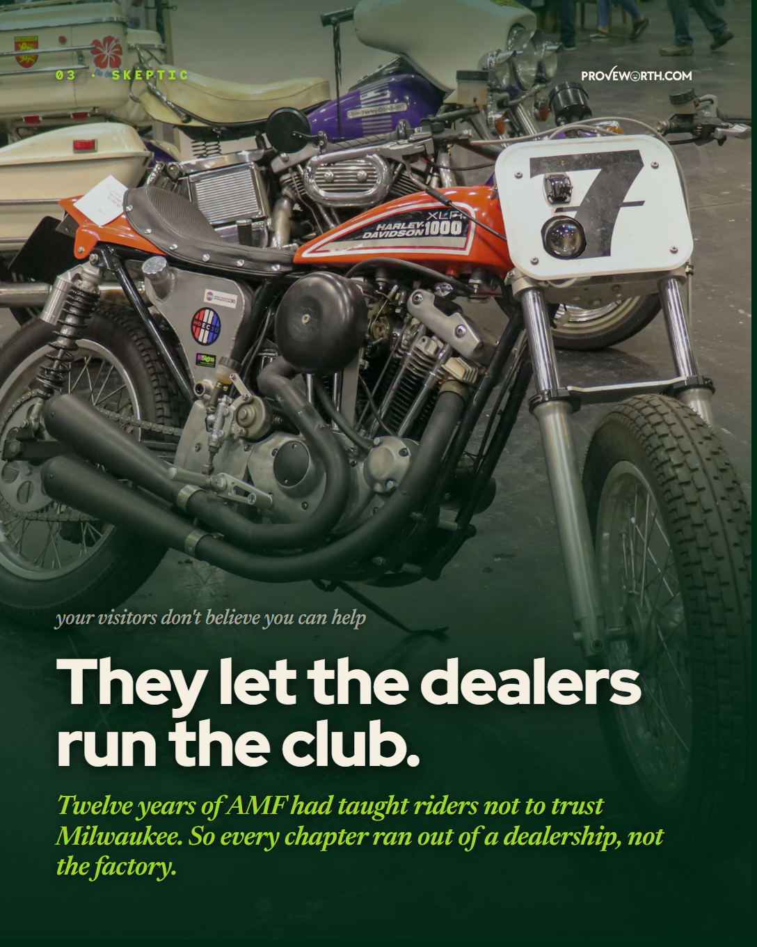 MAPPED Stage 2 slide. A 1980 Harley-Davidson XLR-1000 Sportster from the AMF ownership era. Headline: They let the dealers run the club.