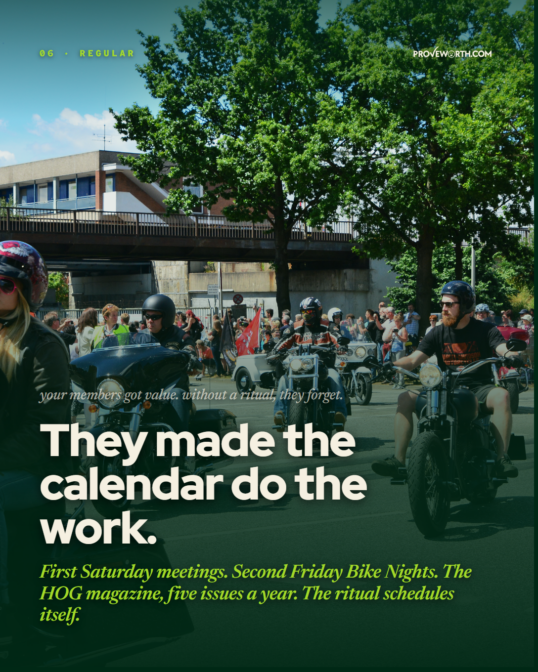 MAPPED Stage 5 slide. Hundreds of riders parading through Hamburg Harley Days, Germany 2015. Headline: They made the calendar do the work.