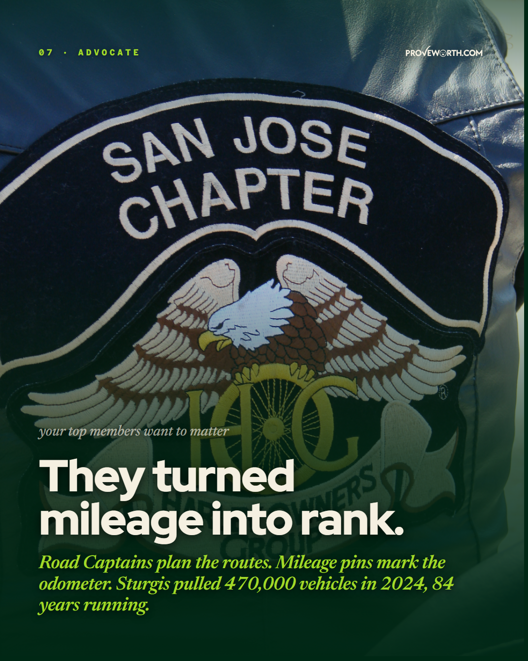 MAPPED Stage 6 slide. HOG San Jose Chapter back patch on a leather jacket. Headline: They turned mileage into rank.