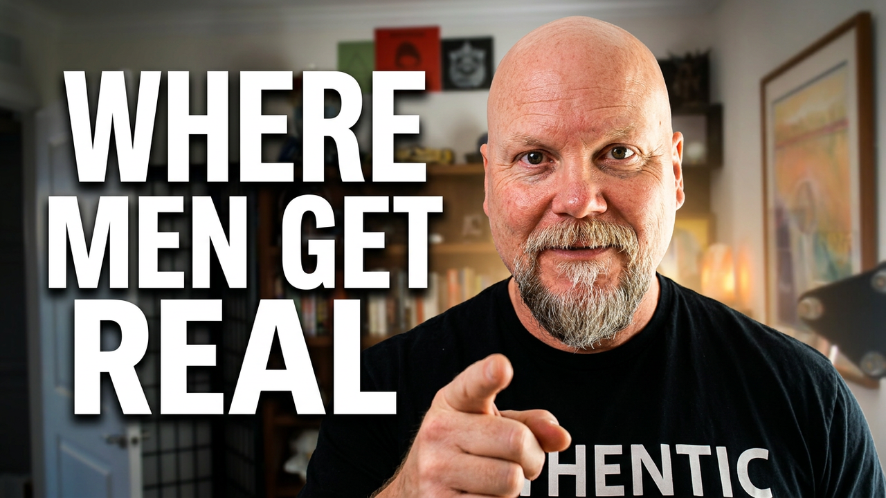 Bald man pointing at camera wearing "Authentic" shirt beside text "Where Men Get Real"