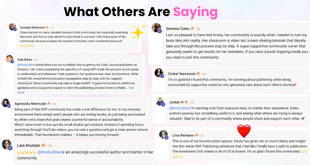 Screenshot of customer testimonials showing profile photos and positive reviews praising Krista Brea's KDP publishing community and mentorship.