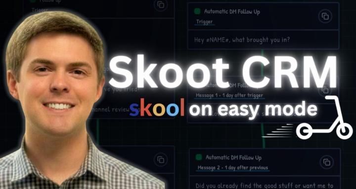Man smiling next to "Skoot CRM" text with "skool on easy mode" tagline and scooter icon, with CRM interface elements in background