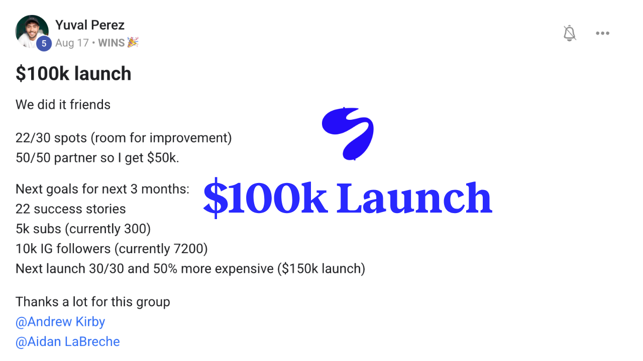 Social media post by Yuval Perez celebrating $100k business launch with 22/30 spots filled, outlining goals for next 3 months including growth targets