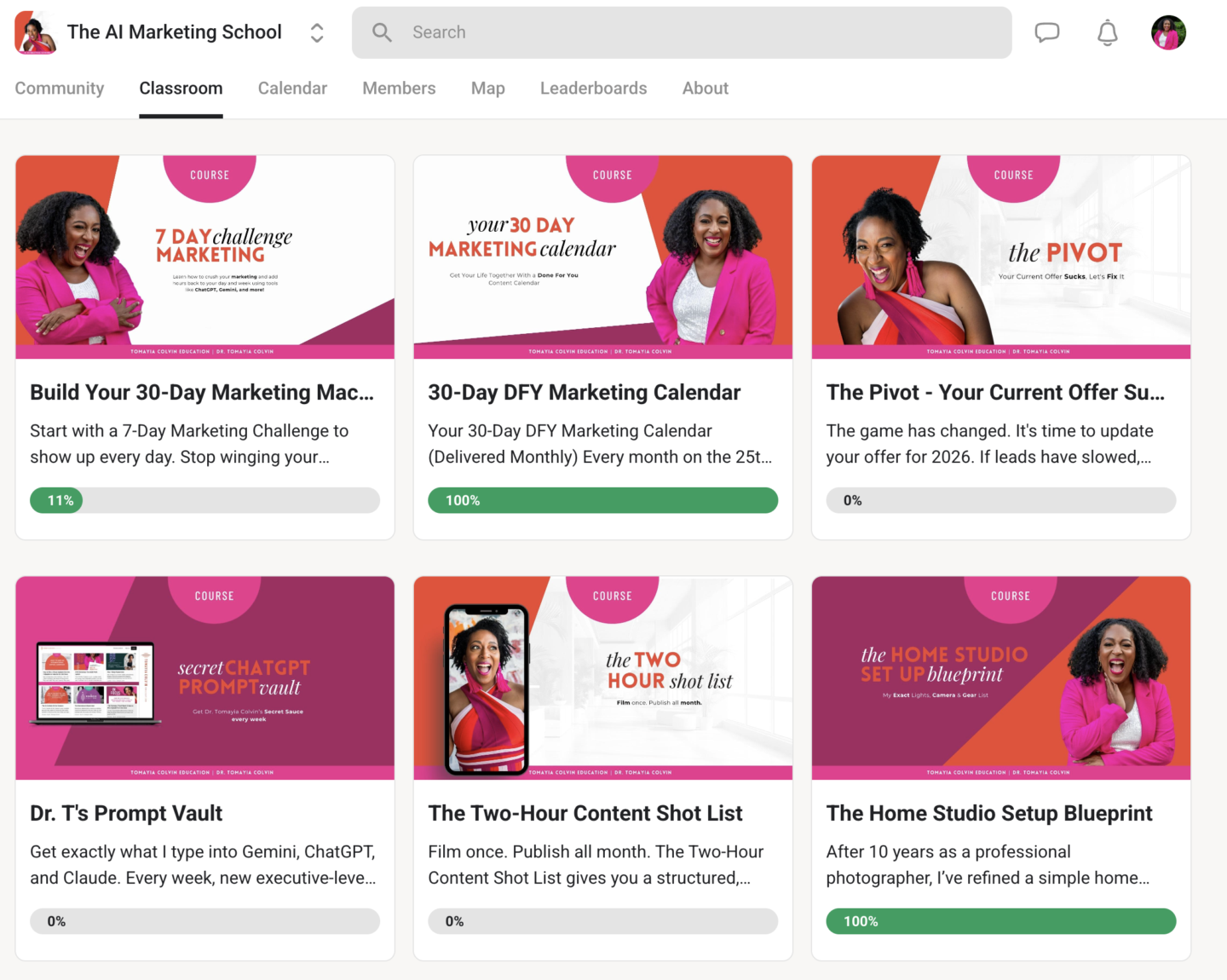 Course catalog showing six marketing courses with progress bars, featuring colorful layouts with person in business attire presenting content