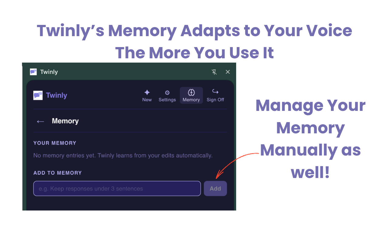 Twinly app interface showing Memory section with empty memory list and "Add to Memory" text field containing example "Keep responses under 3 sentences