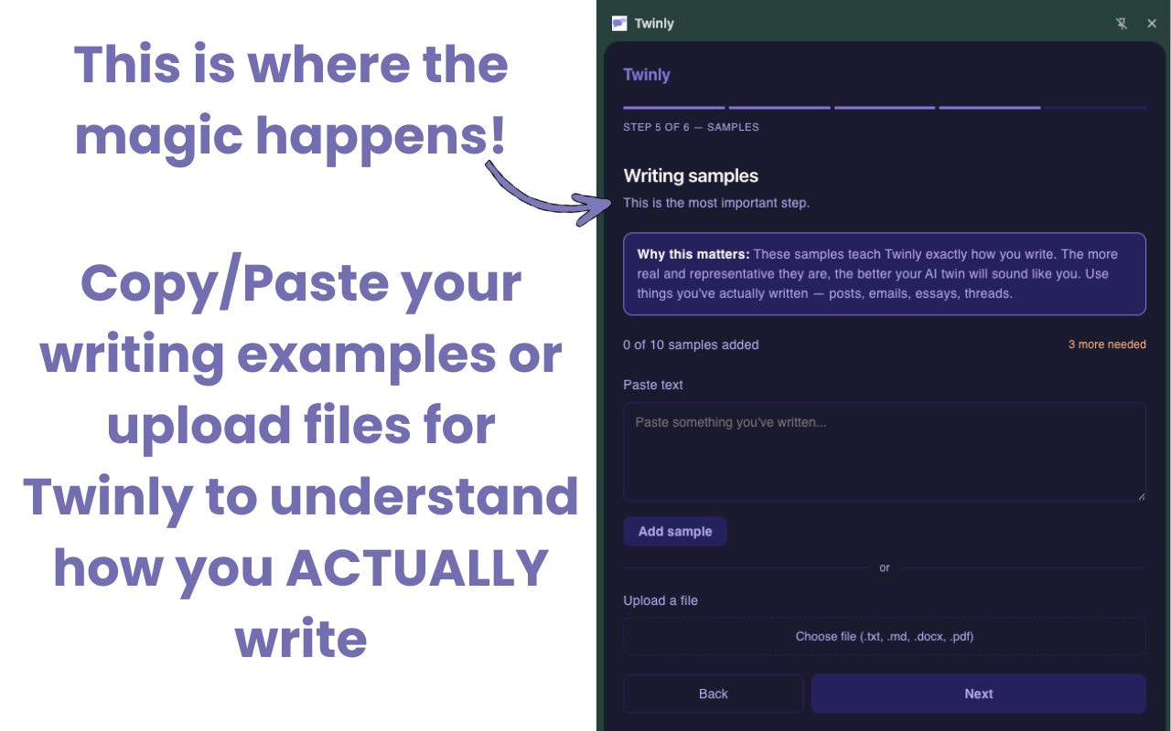 Screenshot of Twinly AI setup interface showing step 5 "Writing samples" with text input field and file upload options to train the AI on user's writi