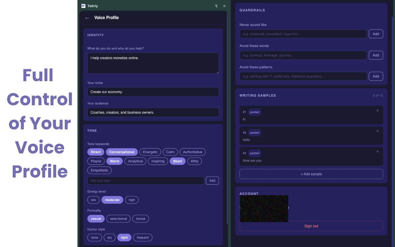 Twinly app interface showing Voice Profile creation form with identity fields, tone keywords, guardrails section, and writing samples panel in dark pu