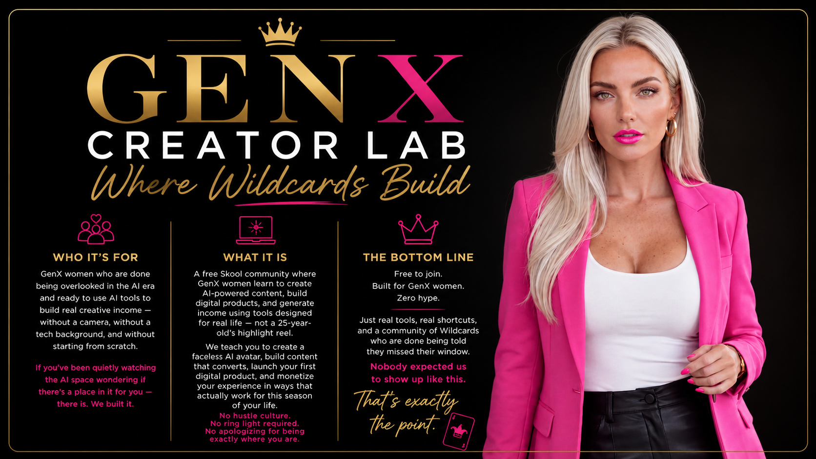 Marketing flyer for GenX Creator Lab featuring a woman in pink blazer, with text describing AI-powered content creation community for GenX women.