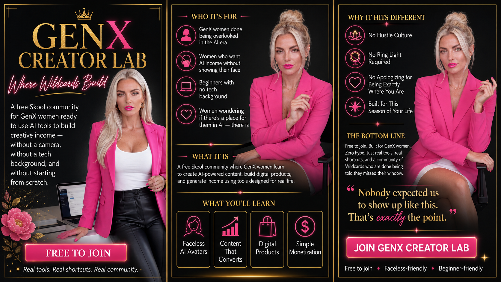 Three-panel promotional brochure for GenX Creator Lab featuring woman in pink blazer, advertising free AI tools community for GenX women