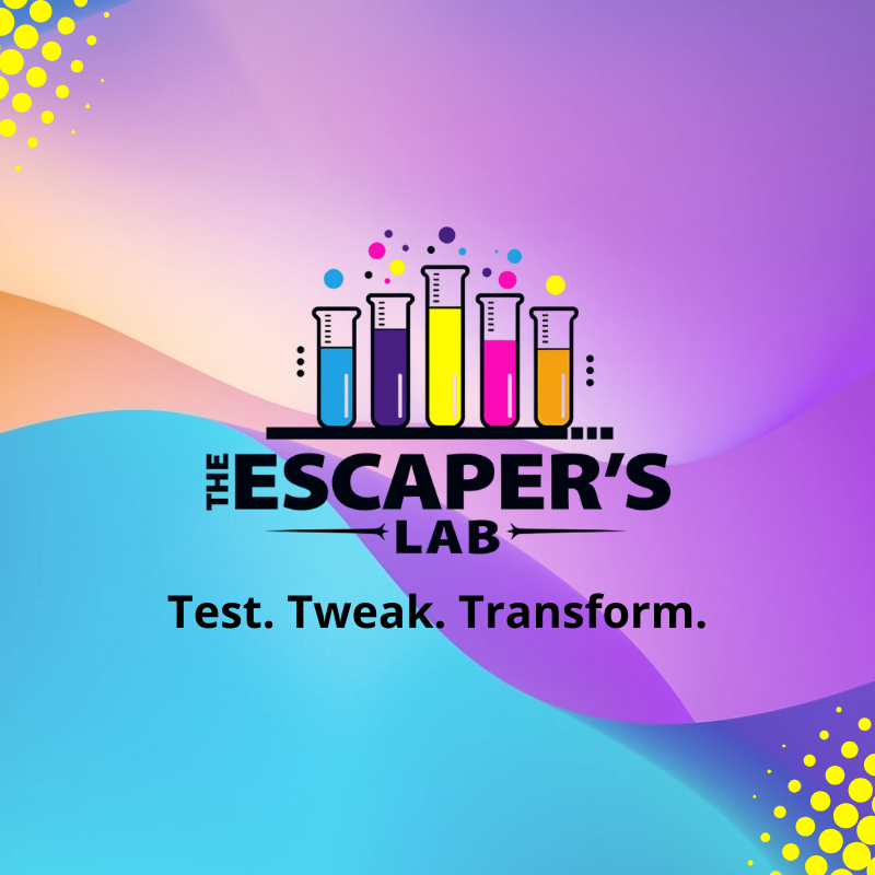 Colorful logo for "The Escaper's Lab" featuring test tubes with bright liquids on gradient purple and blue background with tagline "Test. Tweak. Trans