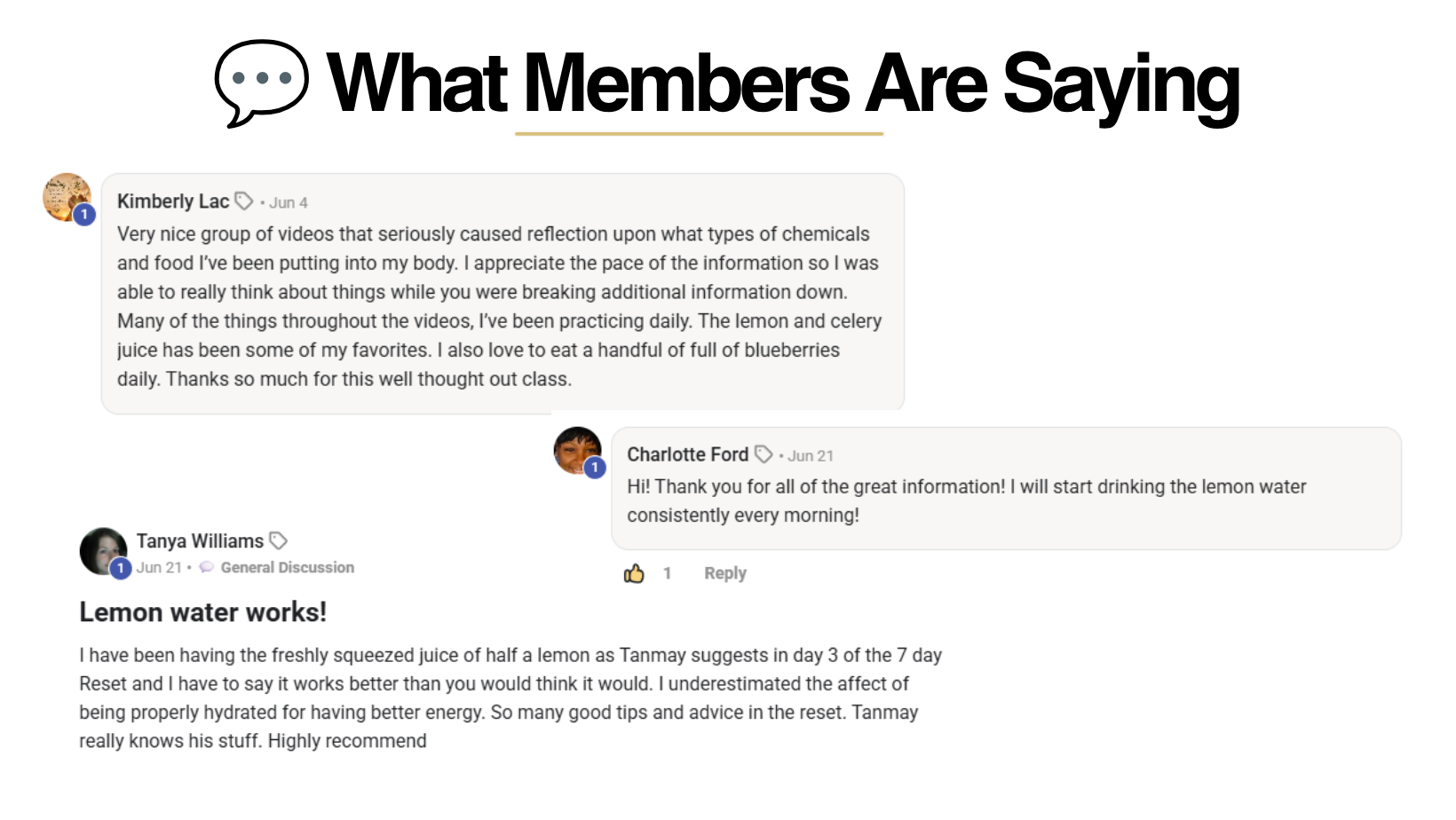 Member testimonials praising a 7-day health reset program, highlighting lemon water and healthy eating habits.