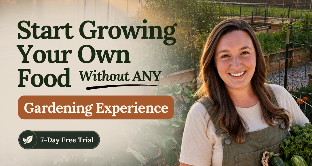 Woman in garden overalls holding vegetables beside text promoting beginner gardening course with 7-day free trial.