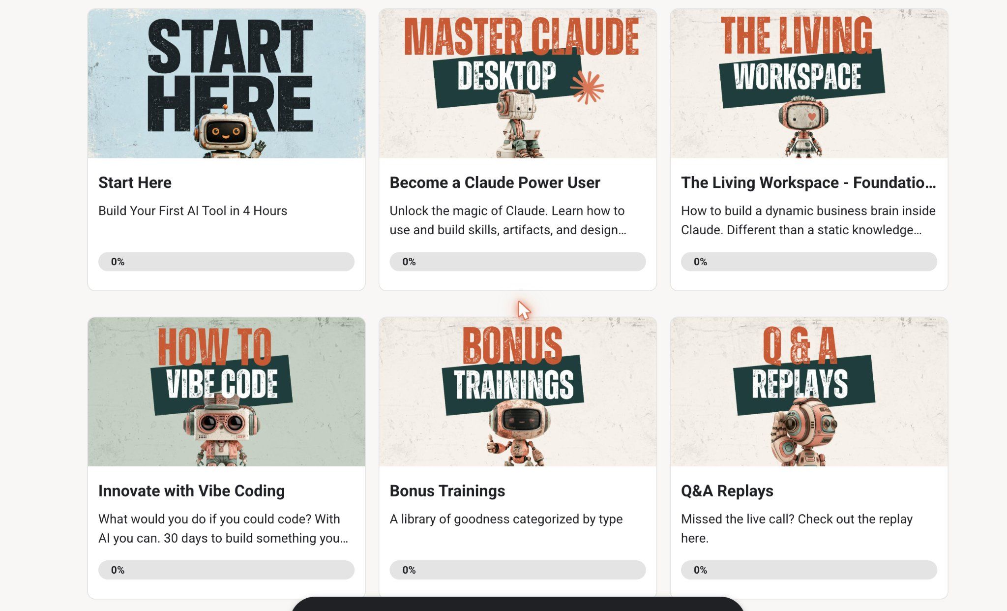 Online course dashboard with 6 modules: Start Here, Claude Desktop, Living Workspace, Vibe Coding, Bonus Trainings, and Q&A Replays.