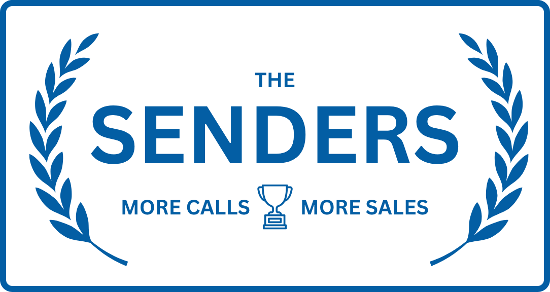 Blue and white award-style badge with laurel wreaths reading "THE SENDERS" with "MORE CALLS MORE SALES" and trophy icon below