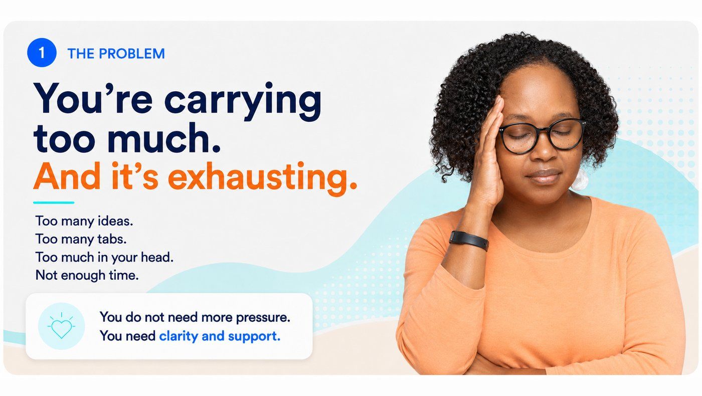 Woman with hand on forehead looking stressed, with text "THE PROBLEM: You're carrying too much. And it's exhausting."