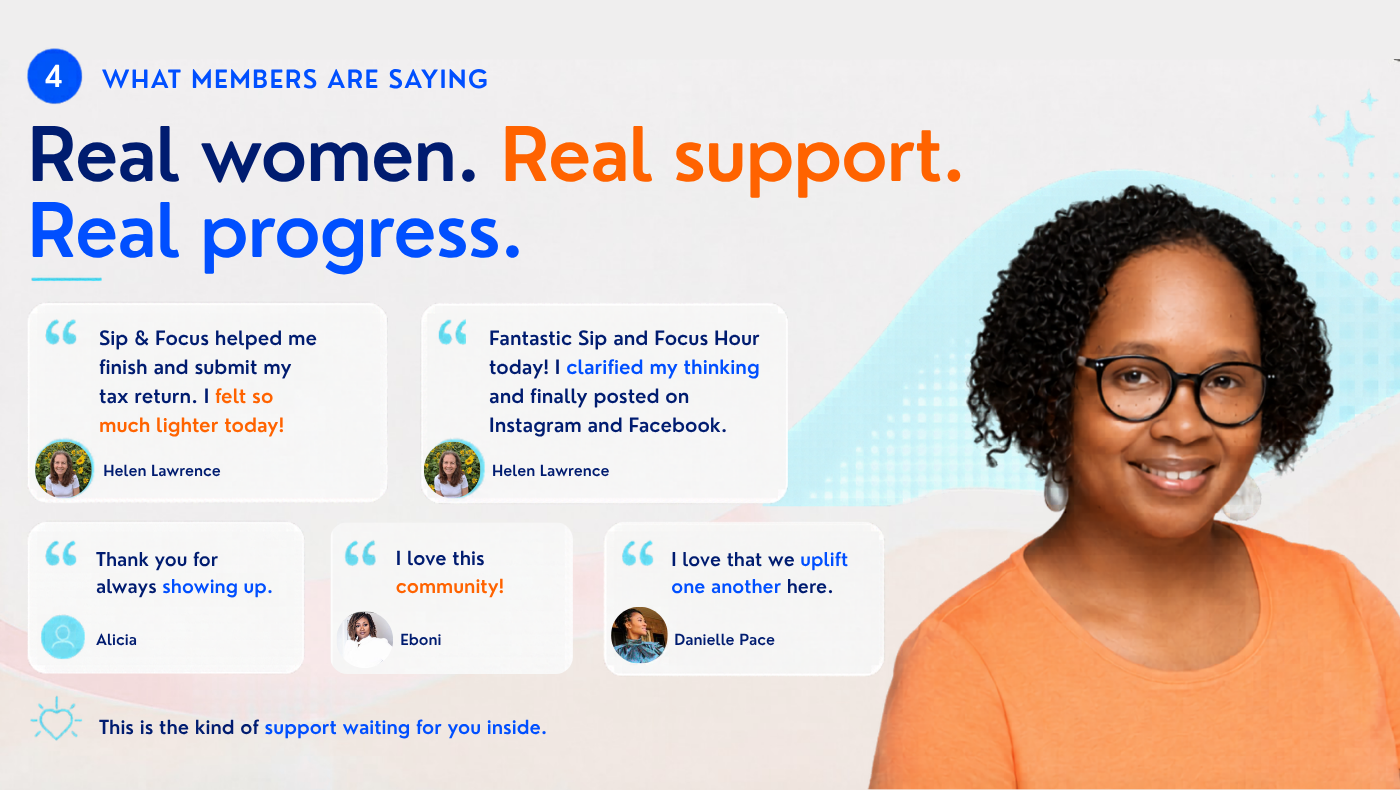 Testimonials page showing member quotes about support and progress, featuring a smiling woman in orange top and glasses