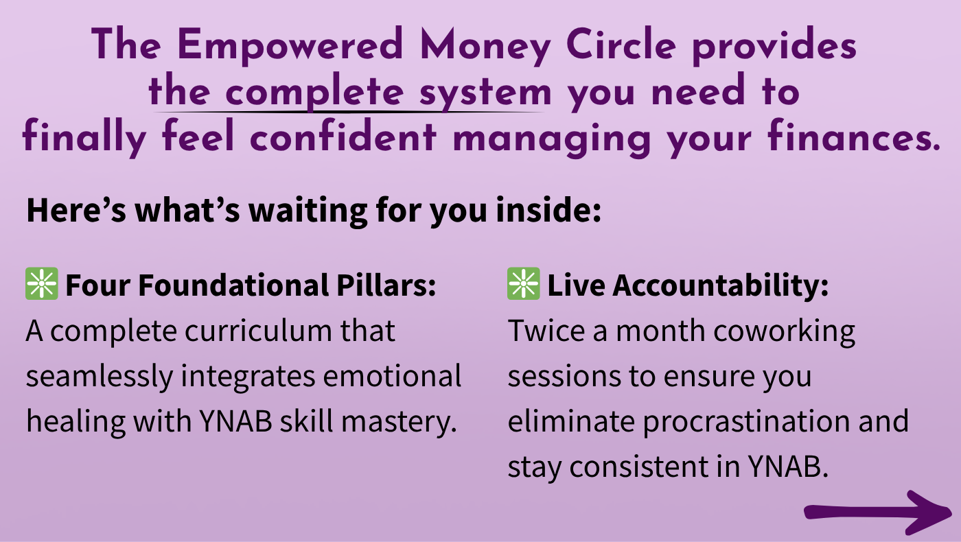 Purple gradient promotional slide for "The Empowered Money Circle" featuring four foundational pillars and live accountability sessions for financial 