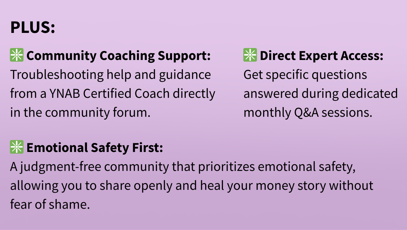 Purple background with three sections describing PLUS benefits: Community Coaching Support, Direct Expert Access, and Emotional Safety First with deta