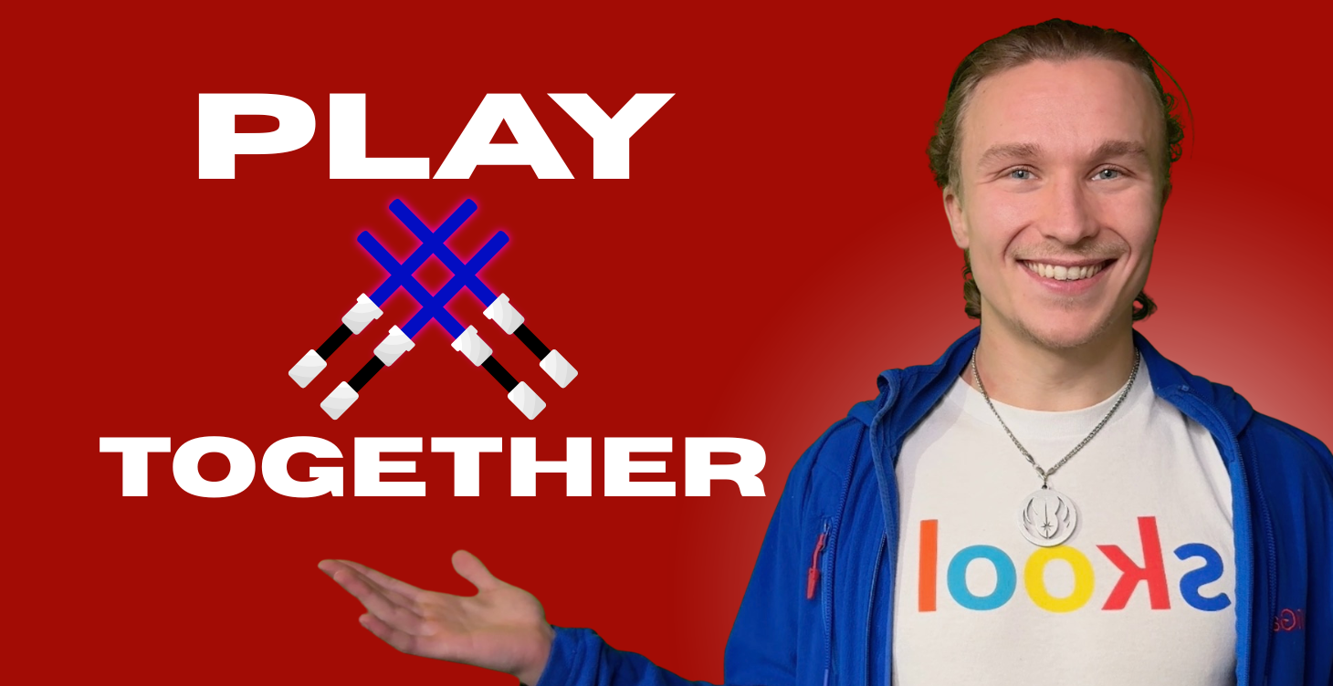 Young person in blue jacket and colorful "Skool" t-shirt gesturing toward "PLAY TOGETHER" text with crossed gaming controller logo on red background