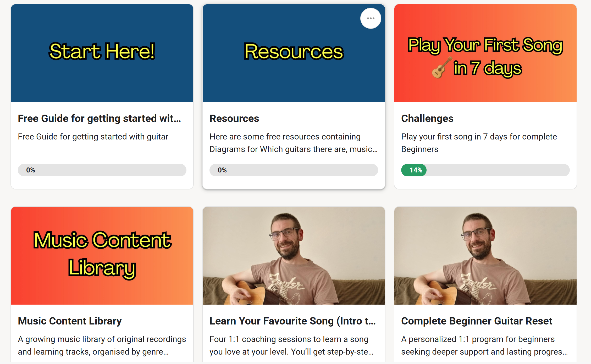 Guitar learning platform dashboard showing six course options including beginner guides, resources, challenges, and music library with instructor phot