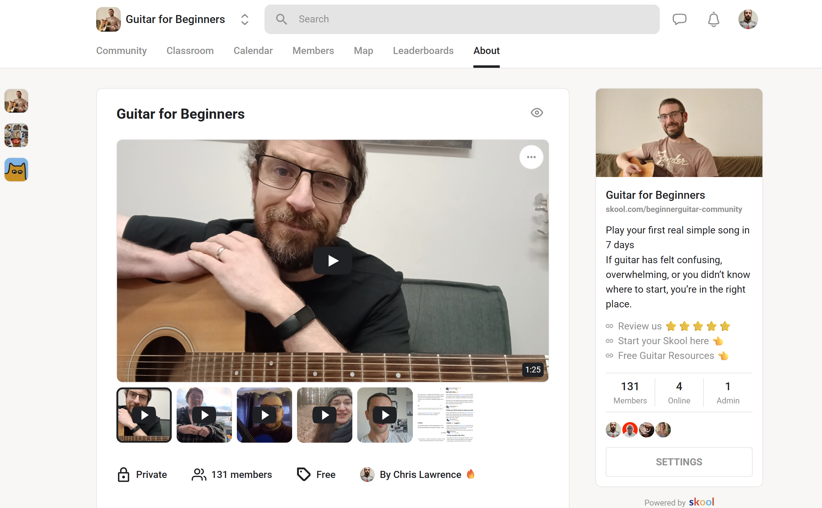 Guitar instructor holding an acoustic guitar in a video lesson, part of a beginner guitar course community page