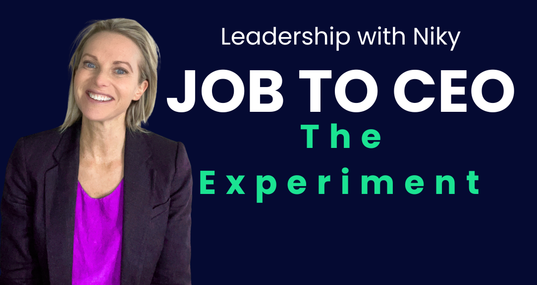 Professional woman in business attire smiling, with text "Leadership with Niky JOB TO CEO The Experiment" on dark blue background