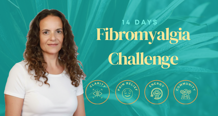 Woman promoting 14 Days Fibromyalgia Challenge with four circular icons showing clarity, pain relief, energy, and community benefits on teal backgroun