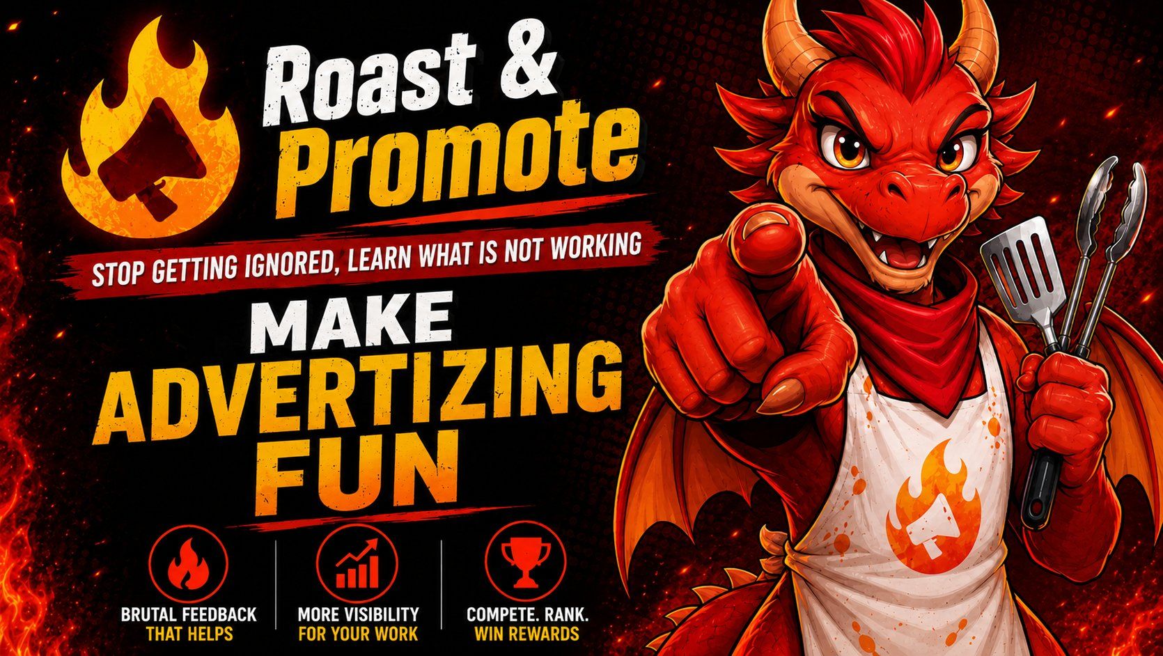 Red dragon mascot in apron holding BBQ tools points at viewer. Text: "Roast & Promote – Make Advertising Fun"