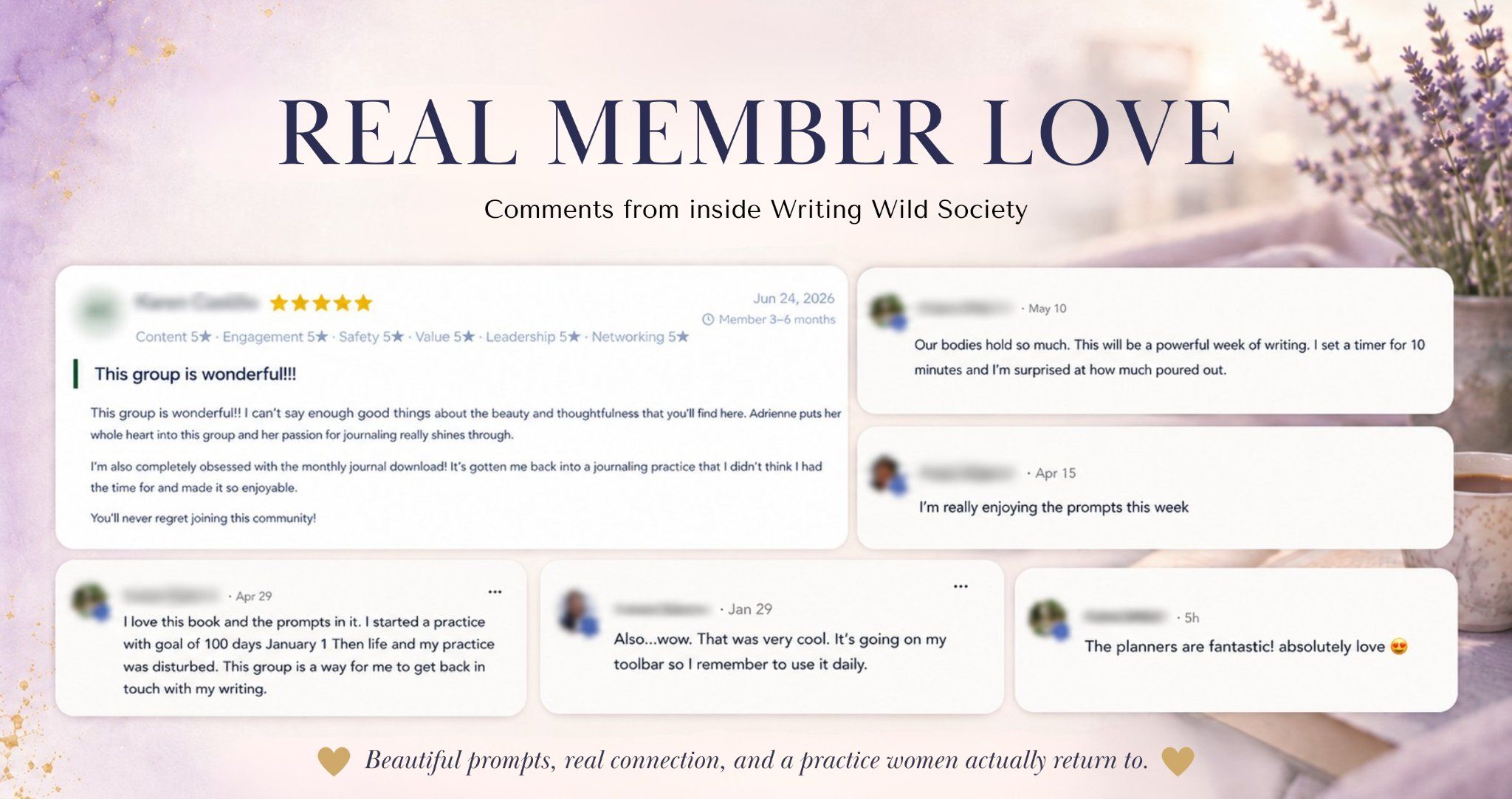 Testimonial collage titled "Real Member Love" showing 6 glowing reviews from Writing Wild Society journaling community members.