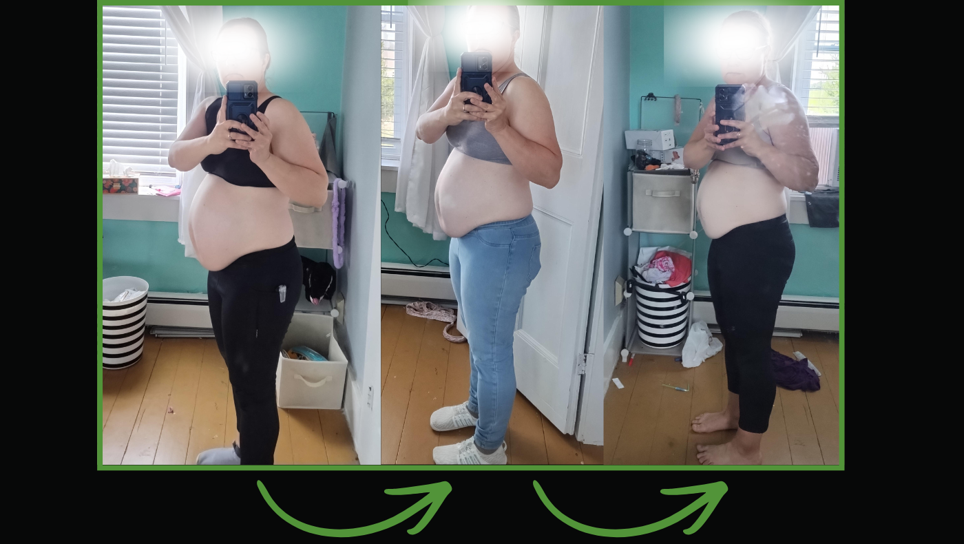 Three mirror selfies showing pregnant belly progression, faces obscured by flash, in a teal-walled room.
