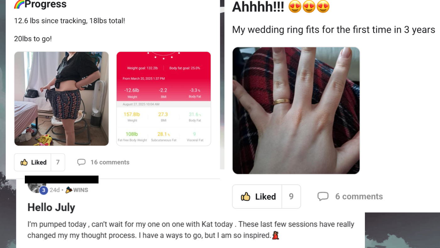 Social media collage showing weight loss progress posts: body photo, stats app, wedding ring fitting after 3 years, and motivational update.