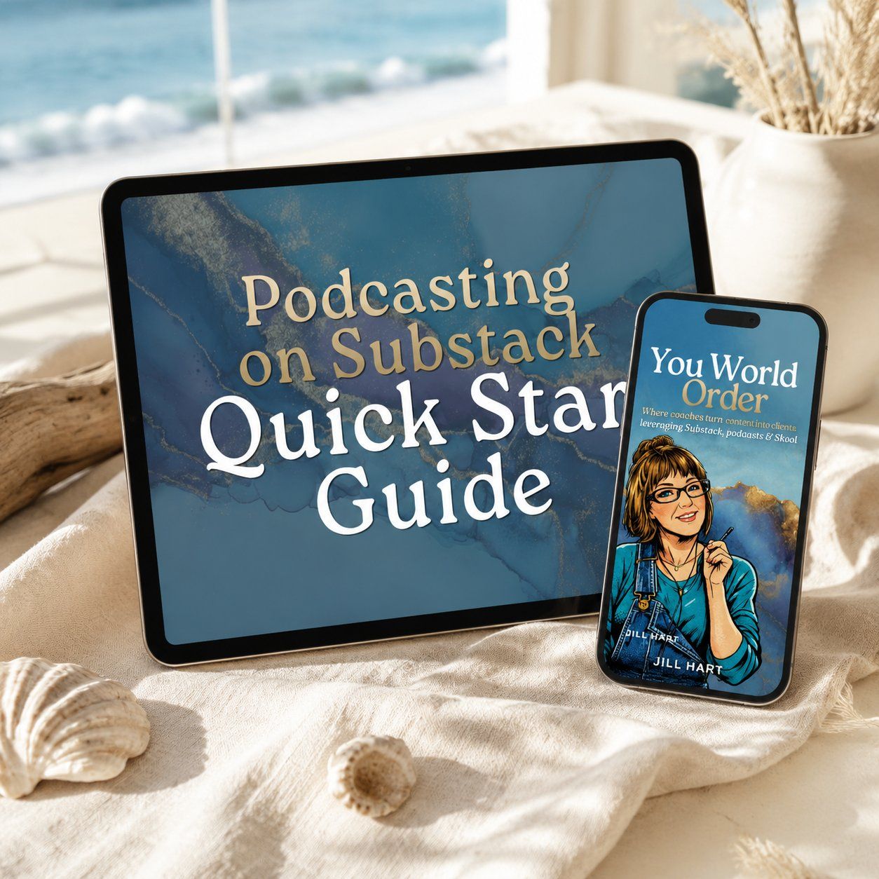 Tablet and smartphone displaying "Podcasting on Substack Quick Start Guide" and "You World Order" book cover on sandy beach with seashells