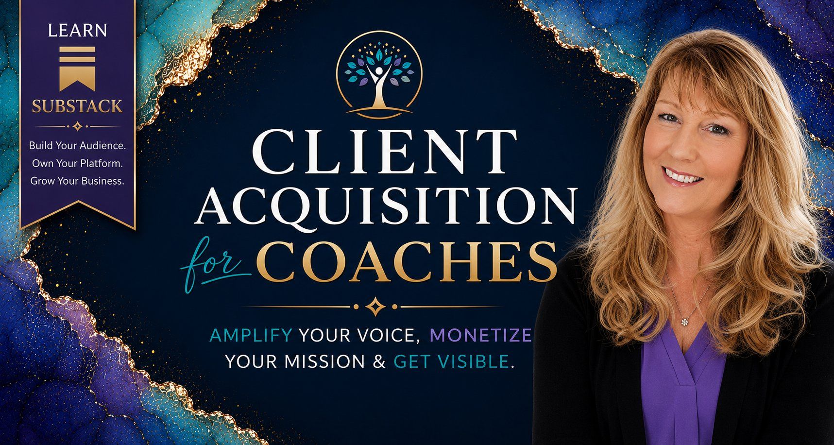 Promotional banner for "Client Acquisition for Coaches" Substack course with a smiling woman and tagline about amplifying your voice.