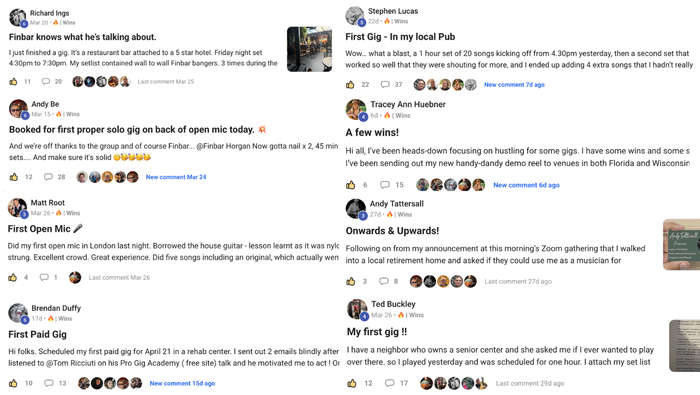 Social media feed showing musicians sharing posts about their recent gigs, open mic performances, and booking wins