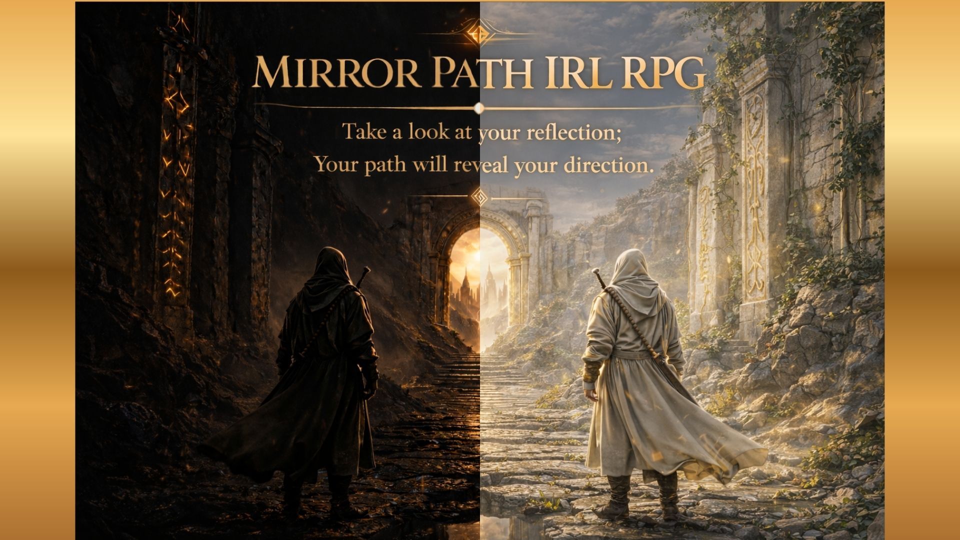 Two hooded figures stand on ancient stone steps leading to an arched doorway with golden light, promoting Mirror Path IRL RPG game.