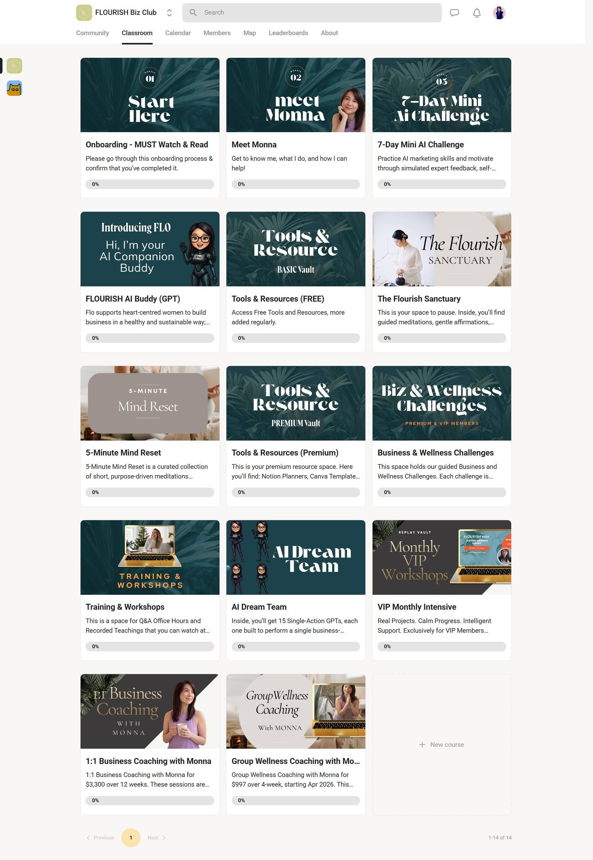 FLOURISH Biz Club classroom page showing course modules including onboarding, AI marketing challenge, tools & resources, and coaching programs with pr