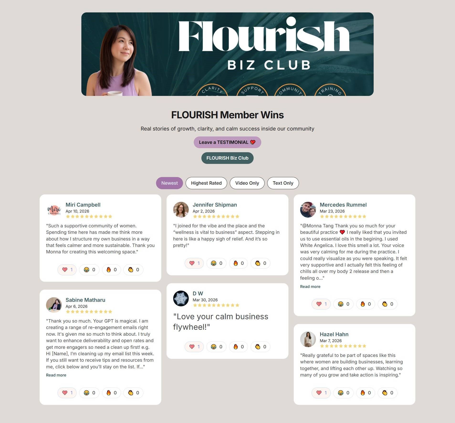Flourish Biz Club member testimonials page showing customer reviews and ratings from community members sharing positive experiences.
