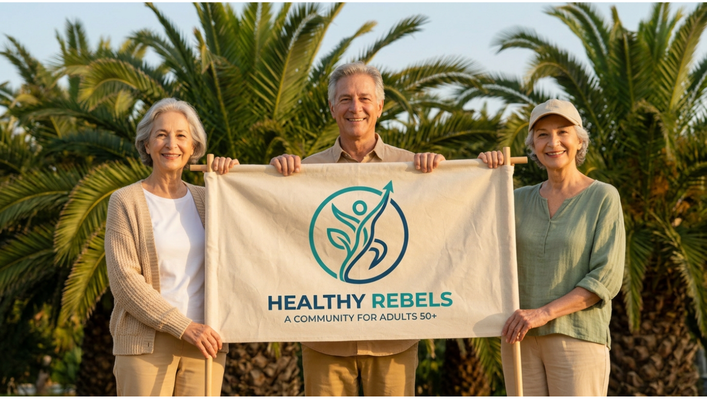 Three older adults hold a "Healthy Rebels" banner with teal logo featuring a stylized figure among palm trees in a tropical setting.