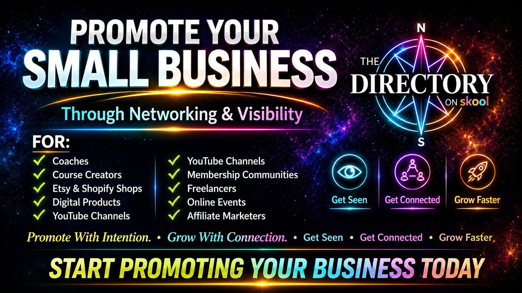 Promotional banner for "The Directory on Skool" featuring cosmic background, compass logo, and text advertising small business networking services wit
