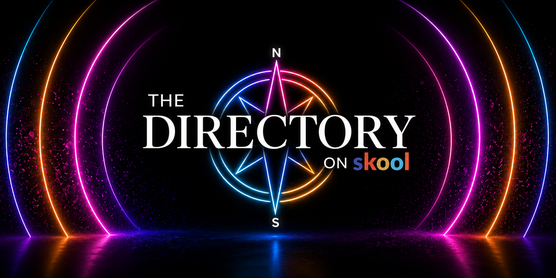 Logo for "The Directory on Skool" with compass design featuring colorful neon rings and "N" and "S" directional markers on black background