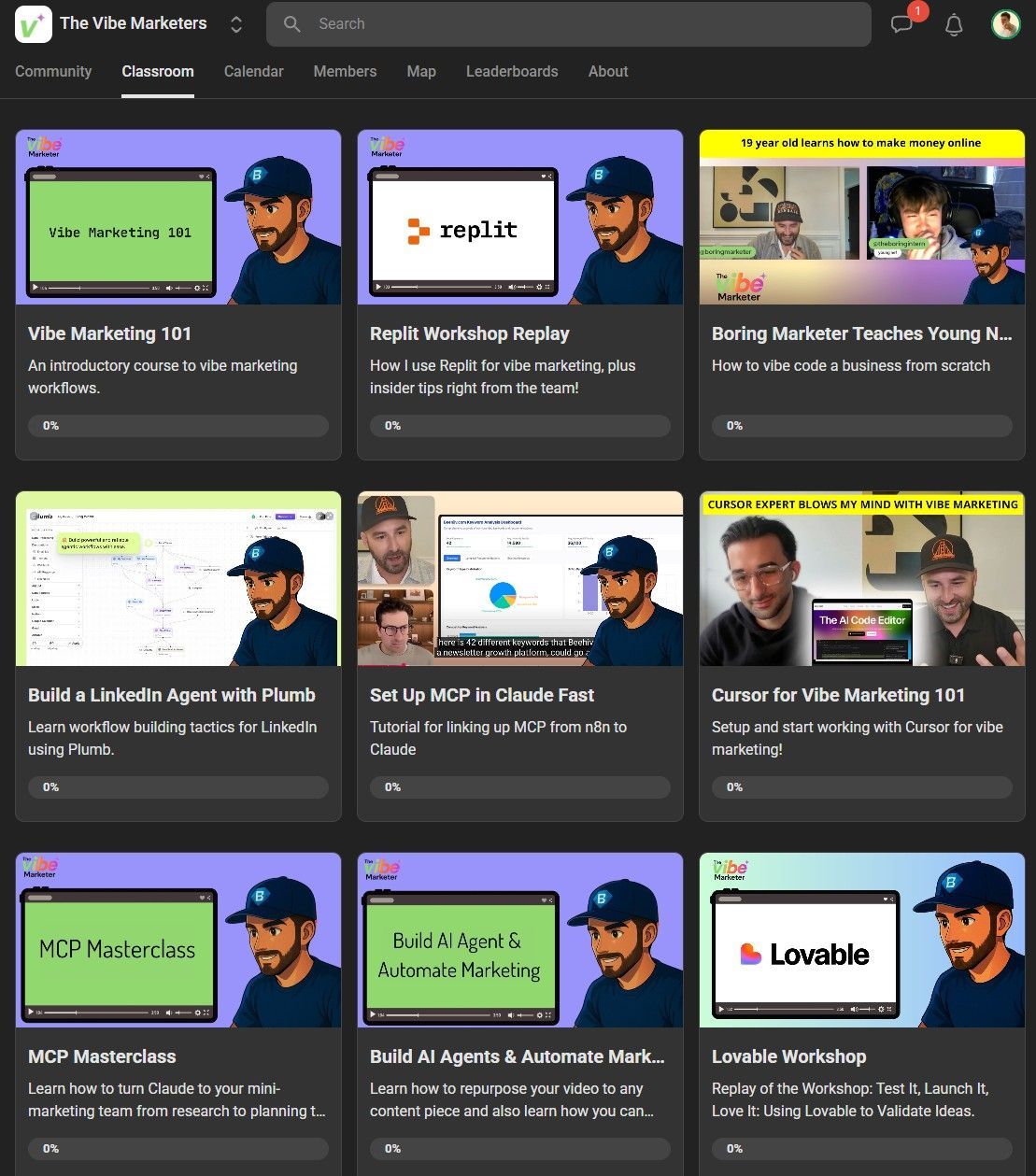 Dashboard showing nine video courses for learning vibe marketing, including introductory classes, tool workshops, and automation tutorials with 0% com
