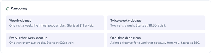 The Services section of the Poopy Scoopers page listing weekly cleanup from $13 a visit, twice-weekly from $11.50, every other week from $22 and a one-time deep clean from $80