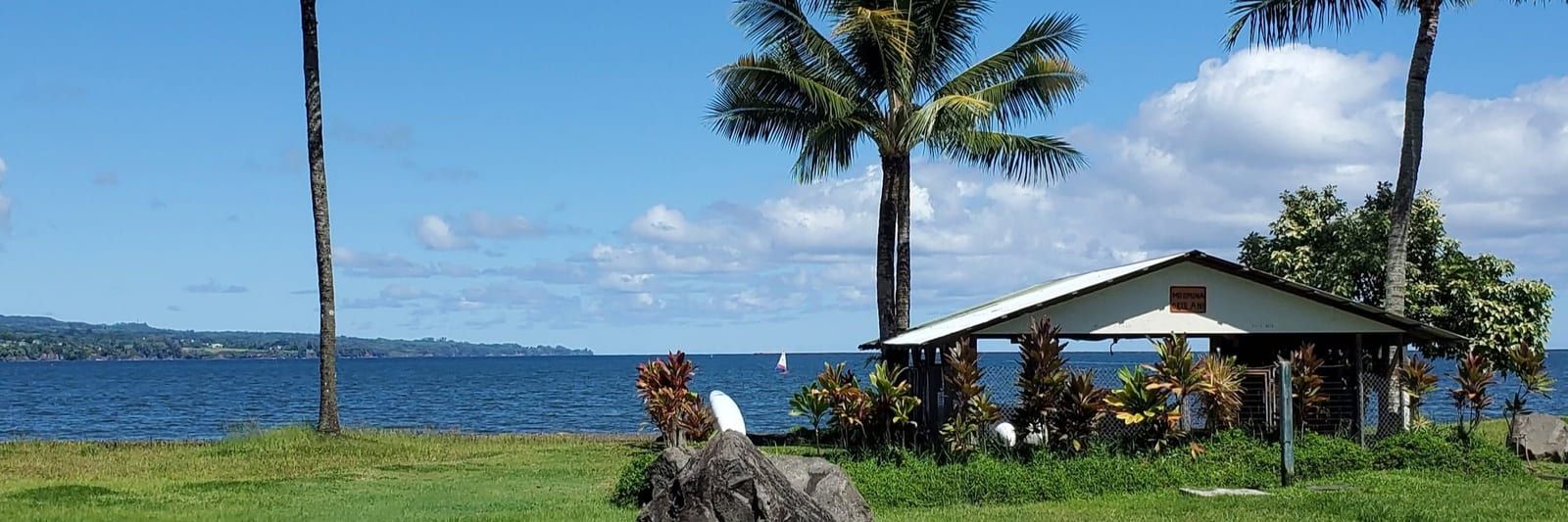 A shoreline with palm trees and a small covered pavilion beside blue water under a partly cloudy sky.