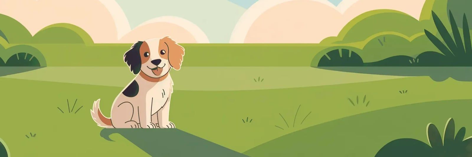 An illustration of a brown and white dog sitting in a green meadow, from the Pet Scoopers website.