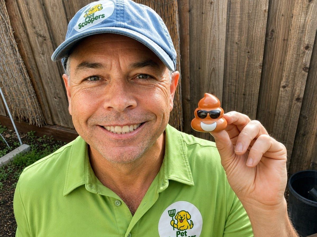 The owner smiling and holding up a small toy poop wearing sunglasses.